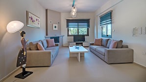 Un salon moderne avec deux canapés, une table basse, un téléviseur et un ventilateur de plafond.