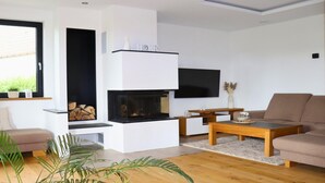 Un salon moderne avec une cheminée, un téléviseur à écran plat fixé au mur, un canapé et une table basse.