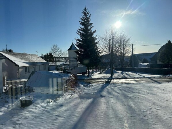 Un barrio residencial con casas, un gran árbol de hoja perenne y el suelo cubierto de nieve.