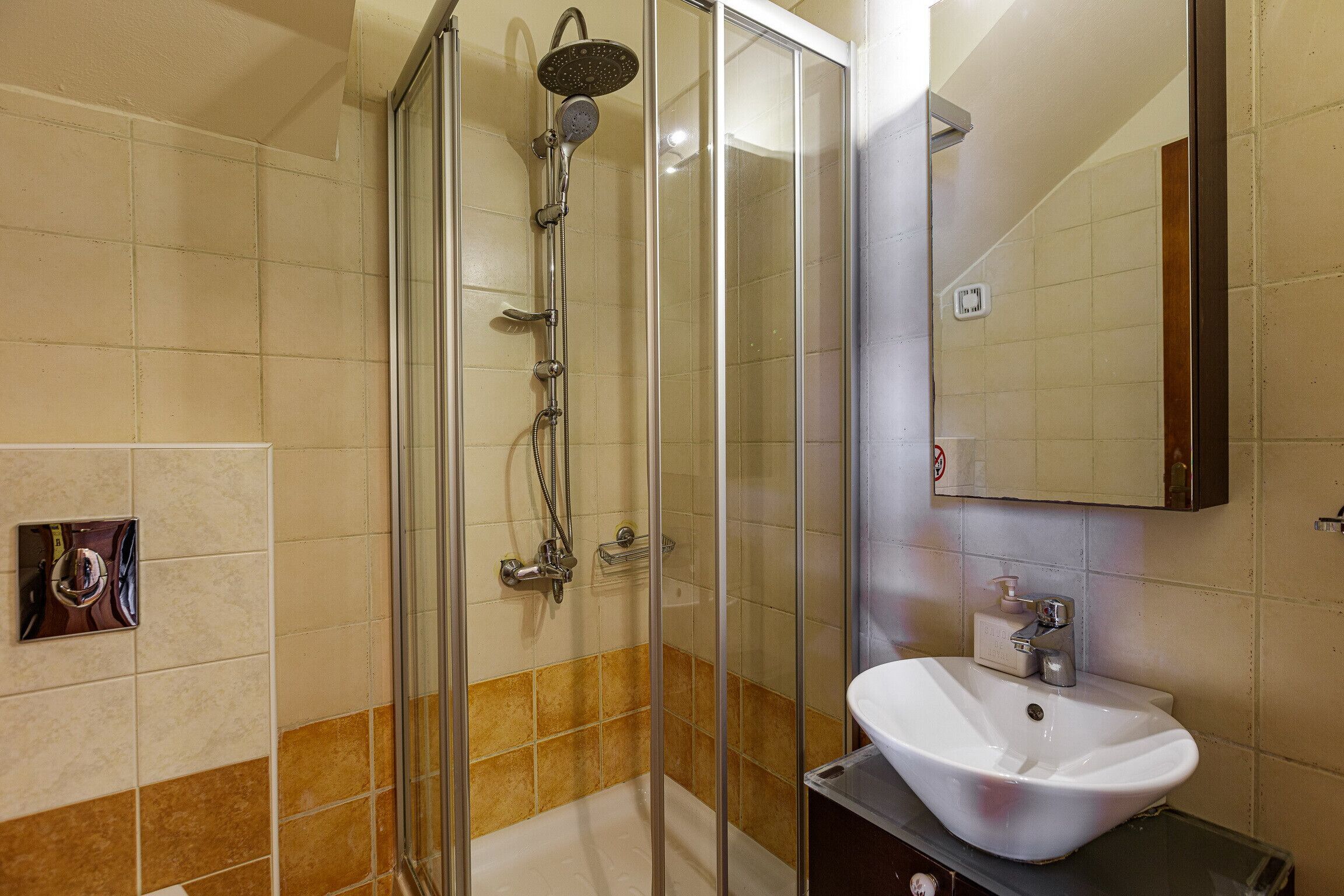Een moderne badkamer met een douchecabine van glas, een witte wastafel en een spiegel erboven.