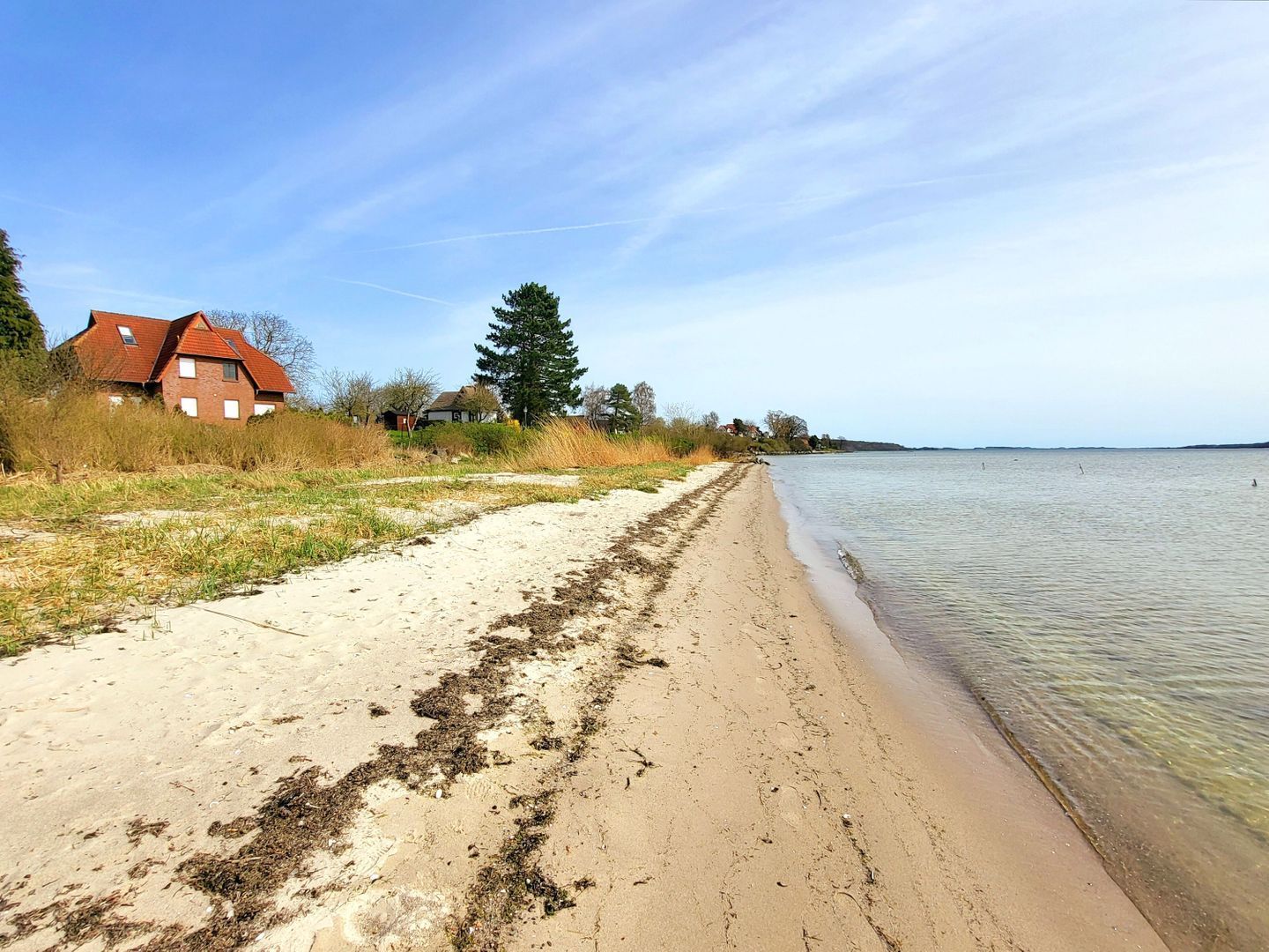 A beach with a sandy path leading to the water, houses in the background, and a clear sky.