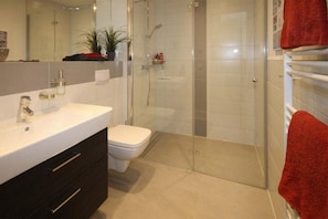 Douche, sèche-cheveux, serviettes fournies
