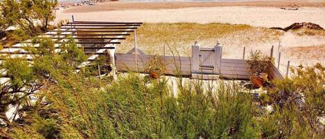 On the beach, sun-loungers, beach towels