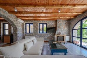 Villa, 5 Bedrooms, Private Pool, Mountain View | Living room - Manousaki Villa (Agios Vasileios)