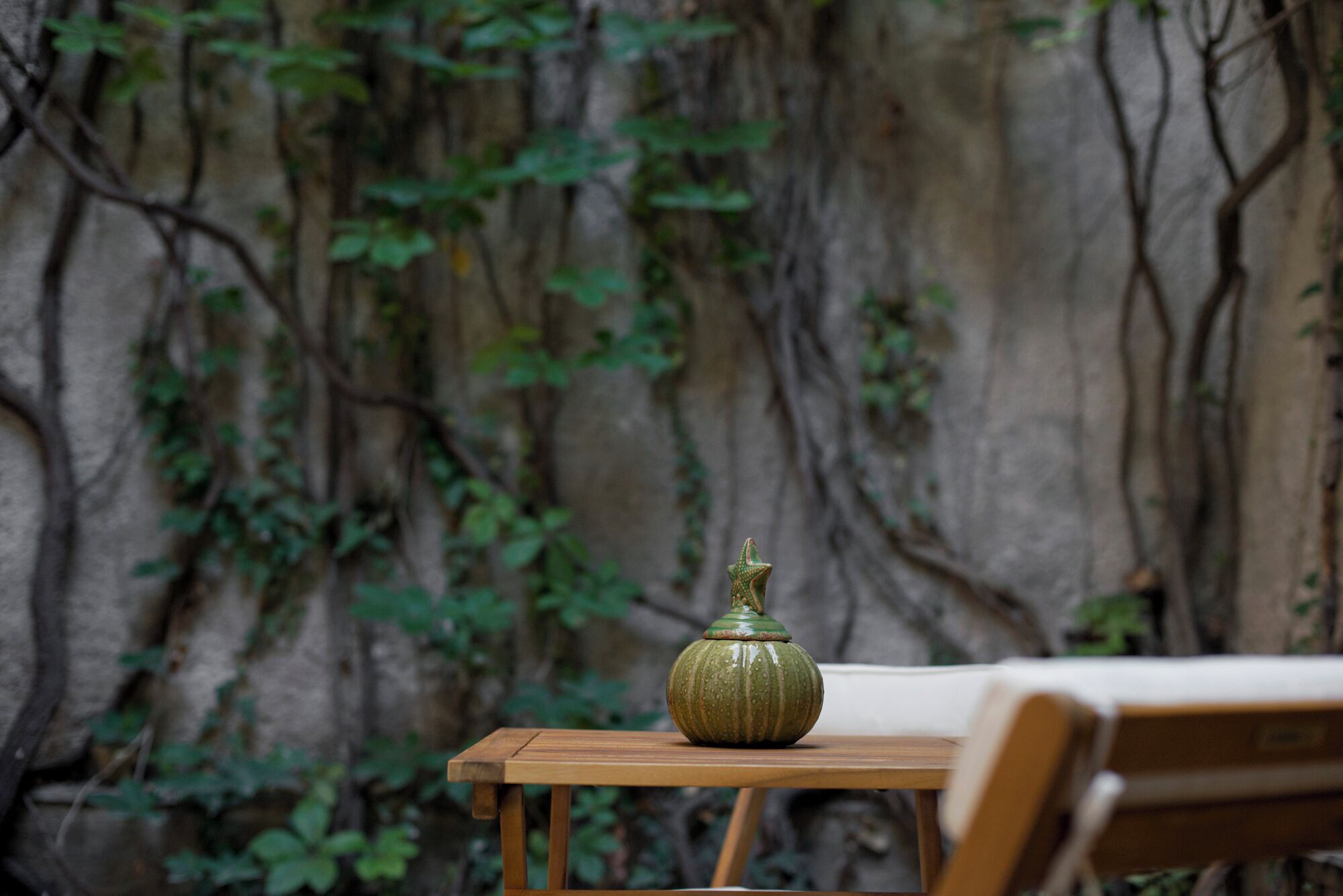 A table with a green ceramic vase in front of a wall with climbing plants.