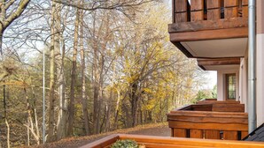 Eine Holterrasse mit Blick auf einen Wald.