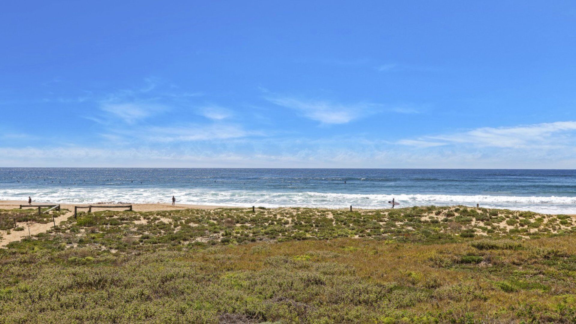 A beach with a sandy path and sparse vegetation leading to the ocean.