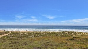 A beach with a sandy path and sparse vegetation leading to the ocean. - Upper Oceanside (AVOCA BEACH)