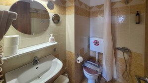 A bathroom with a sink, toilet, and shower. - Welcome to Double Room – Olympic Studios by SDR (Paralia)