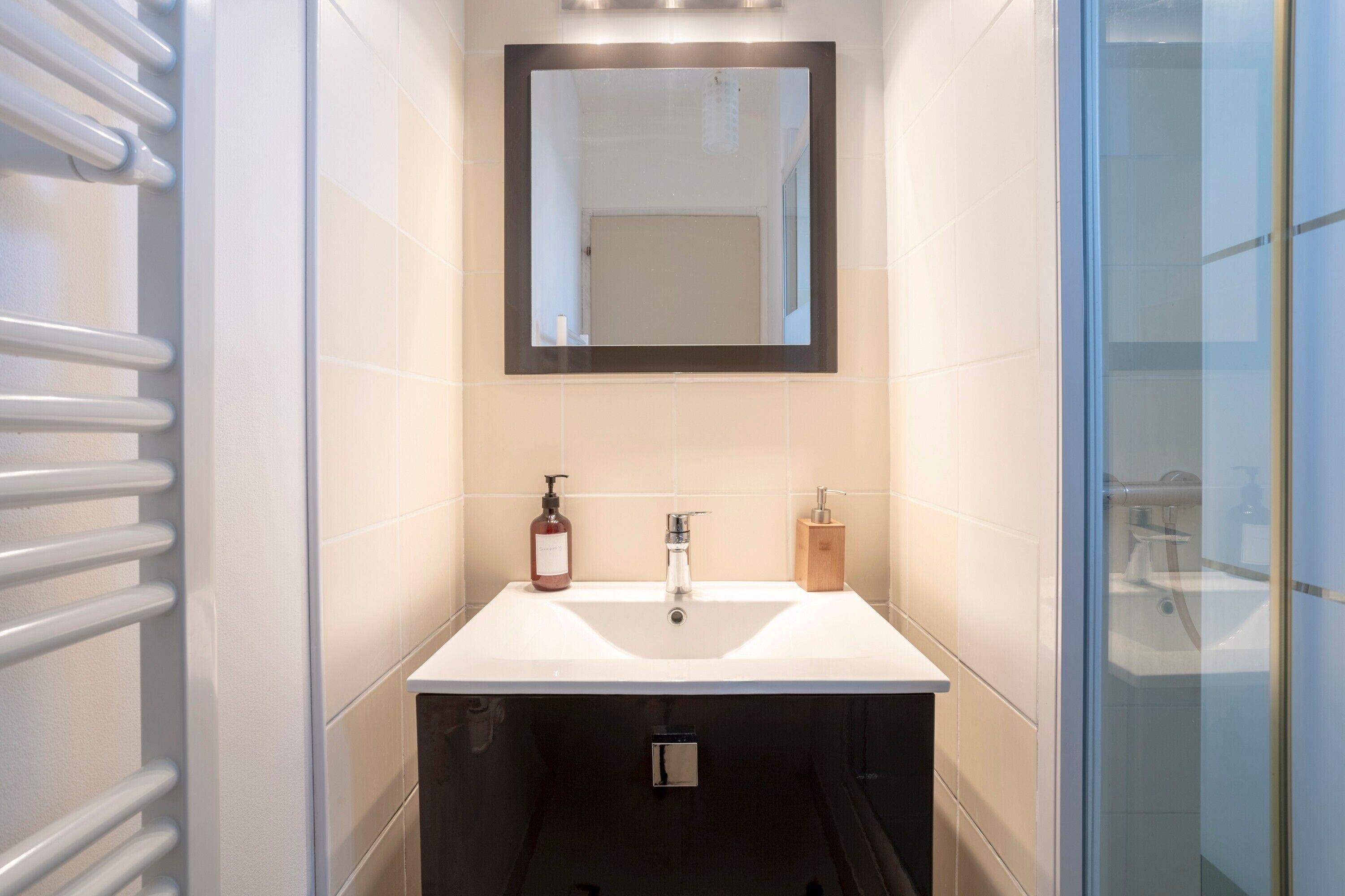 Un baño con un lavabo blanco, un espejo, una botella de jabón y un toallero.