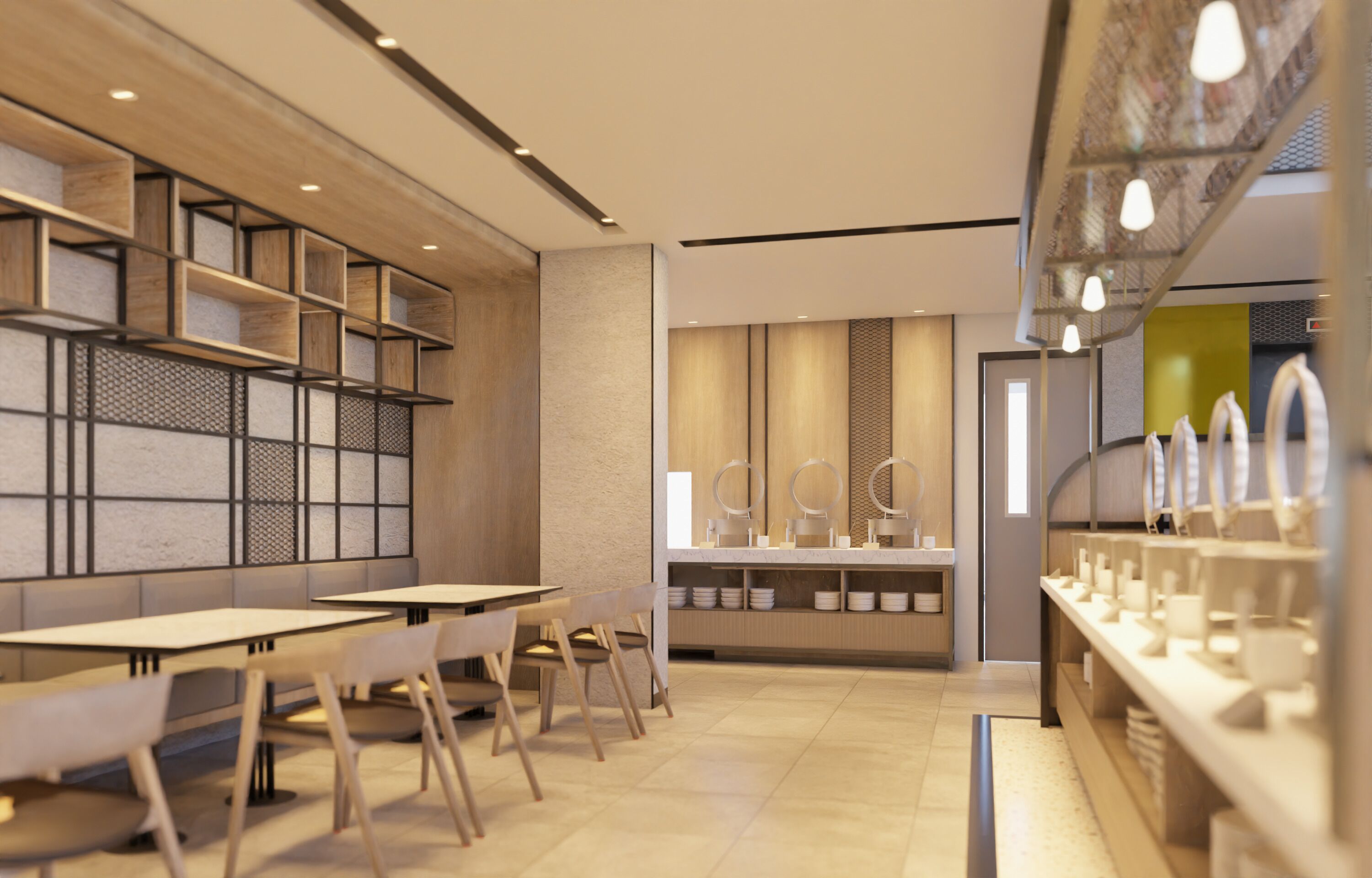 A modern restaurant interior with wooden tables and chairs, a counter with a display of dishes, and a patterned wall.