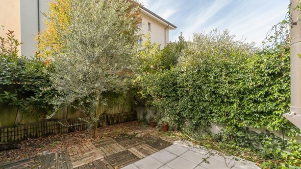 A courtyard with a wooden deck, a tiled patio, and dense greenery including a tree and bushes.