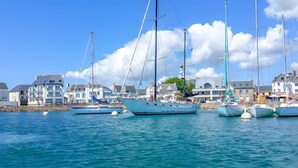 Un port de plaisance où sont amarrés plusieurs voiliers, une côte rocheuse et des bâtiments en arrière-plan.