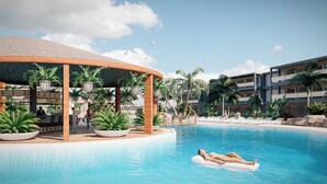 A pool area with a lounge, palm trees, and a person relaxing on a float. - Elba Corralejo Premium Level Only Adults (Corralejo)