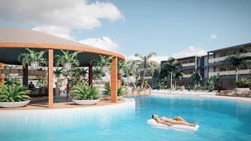 2 piscines extérieures, parasols de plage, chaises longues