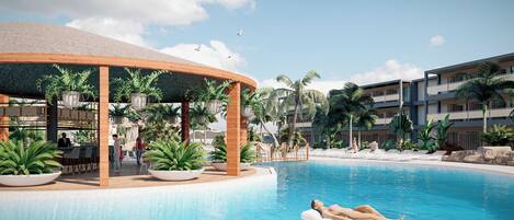 2 piscines extérieures, parasols de plage, chaises longues