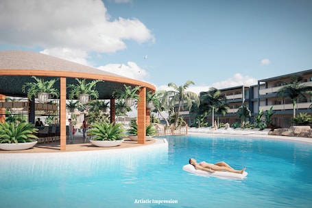 2 piscinas al aire libre, sombrillas, sillones reclinables de piscina. Elba Corralejo Premium Level Only Adults