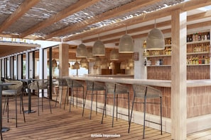 A bar area with wooden beams, hanging lamps, and a bar counter with stools. - Elba Corralejo Premium Level Only Adults (Corralejo)