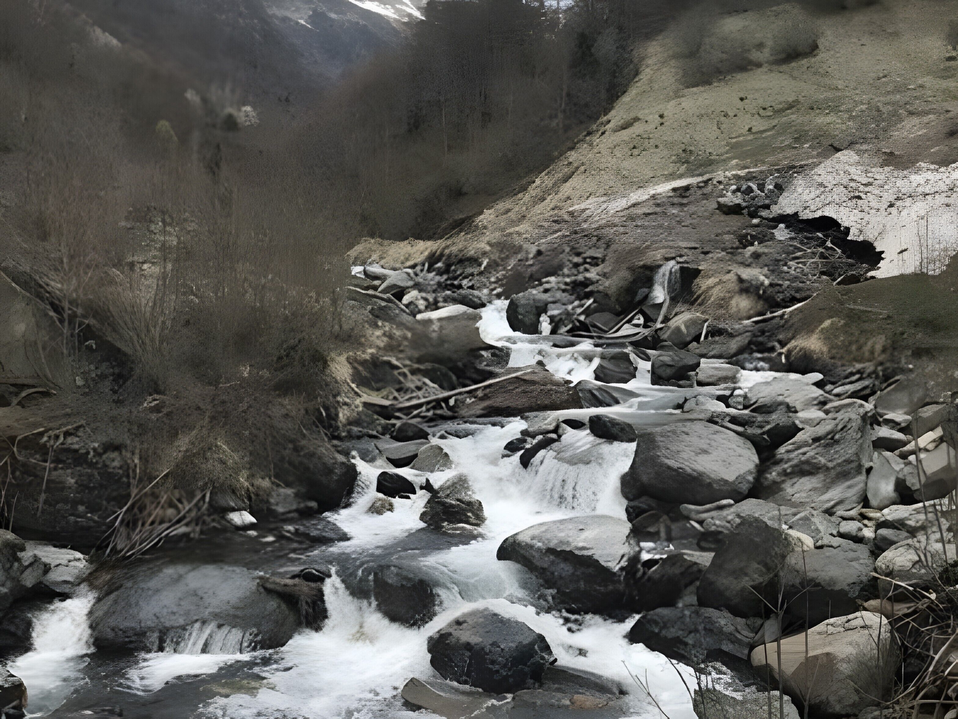 Un ruisseau aux berges rocheuses, où l’eau coule, entouré d’un paysage naturel et d’une végétation luxuriante.