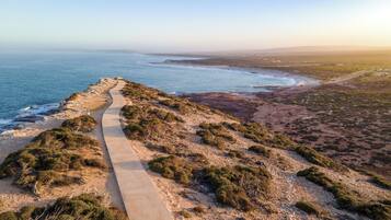 Un sentier côtier menant à la mer, avec un terrain rocheux et une végétation clairsemée.