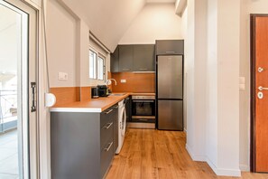 Panoramic Penthouse, Balcony | Private kitchen | Full-size fridge, oven, cookware/dishes/utensils