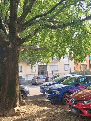 A parking area with multiple cars, a tree, and a building in the background.