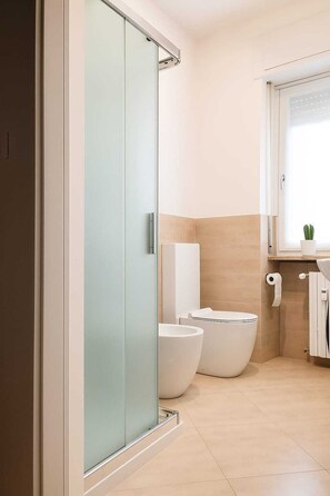 Shower, hair dryer, bidet, towels