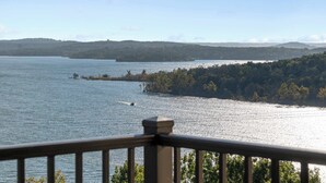 Vista de un lago con una isla distante y colinas.