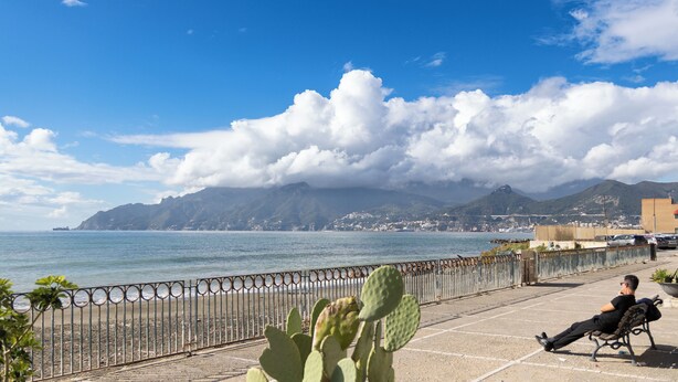 Vista sulla costa con una recinzione metallica, un cactus e una persona seduta su una panchina.