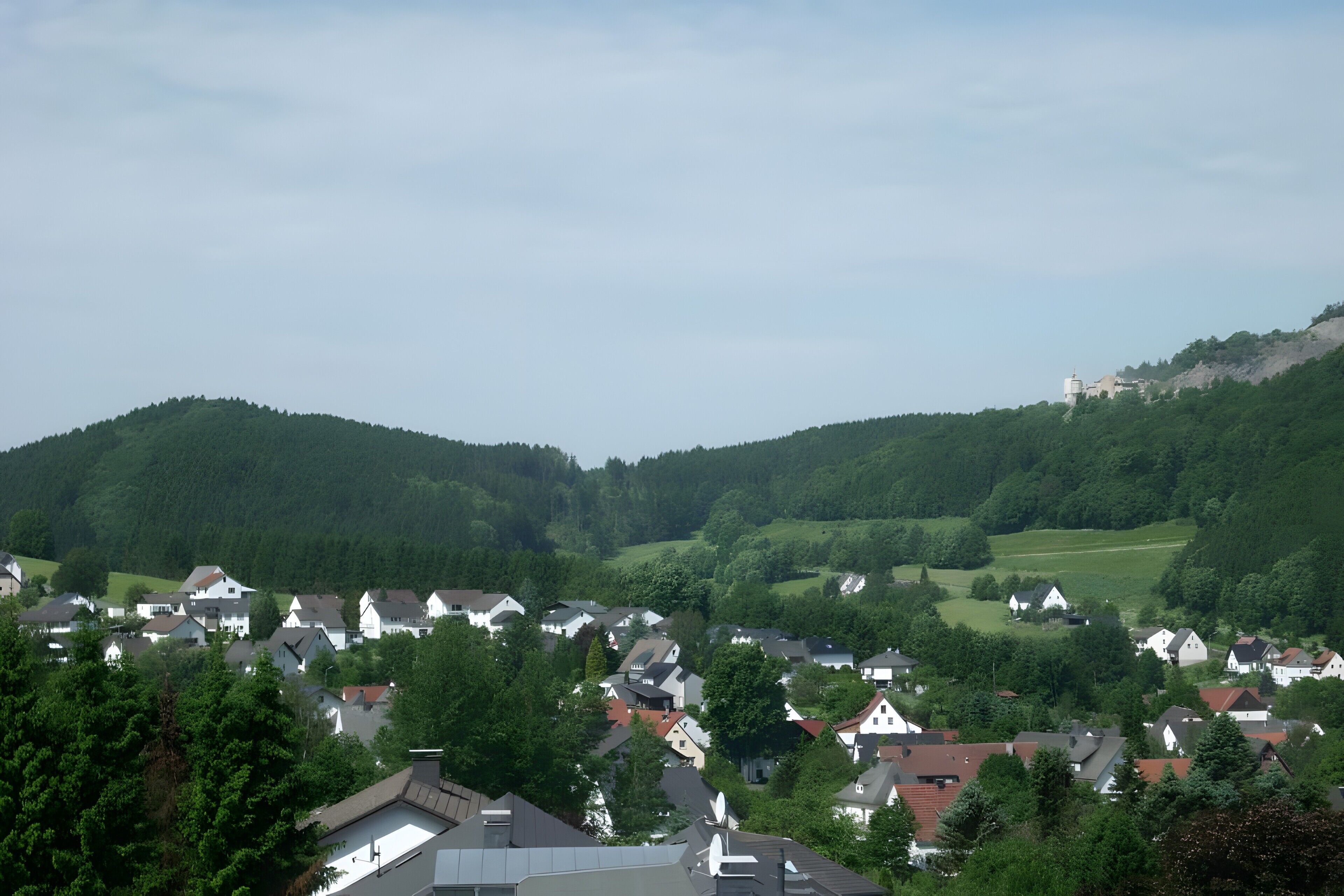 Ein Wohngebiet mit Häusern, Bäumen und einem Hügel mit einem Turm.