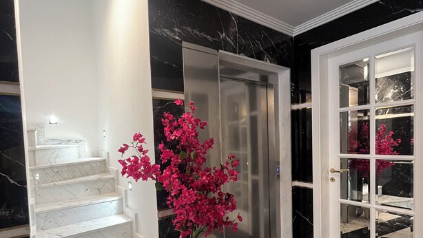 Uma escadaria de mármore leva a um espaço com porta deslizante, planta em vaso e chão de piso preto e branco.