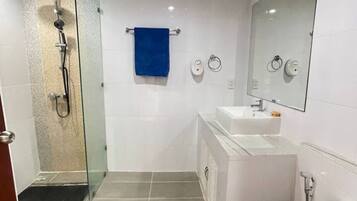 Hair dryer, bidet, towels, soap