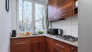 A kitchen with wooden cabinets, a granite countertop, a gas stove, and a window with a view of trees and buildings. - Lumina apart near Royal Lazienki Park (Warsaw)