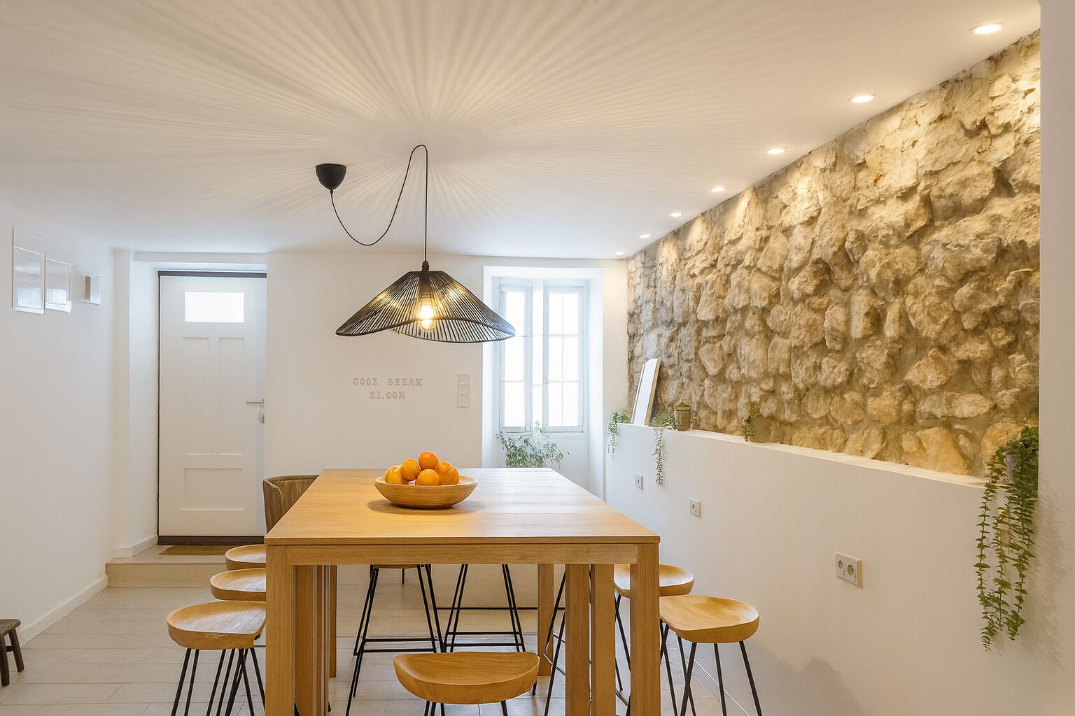 A modern dining area with a wooden table, six chairs, a black pendant light, and a stone wall.