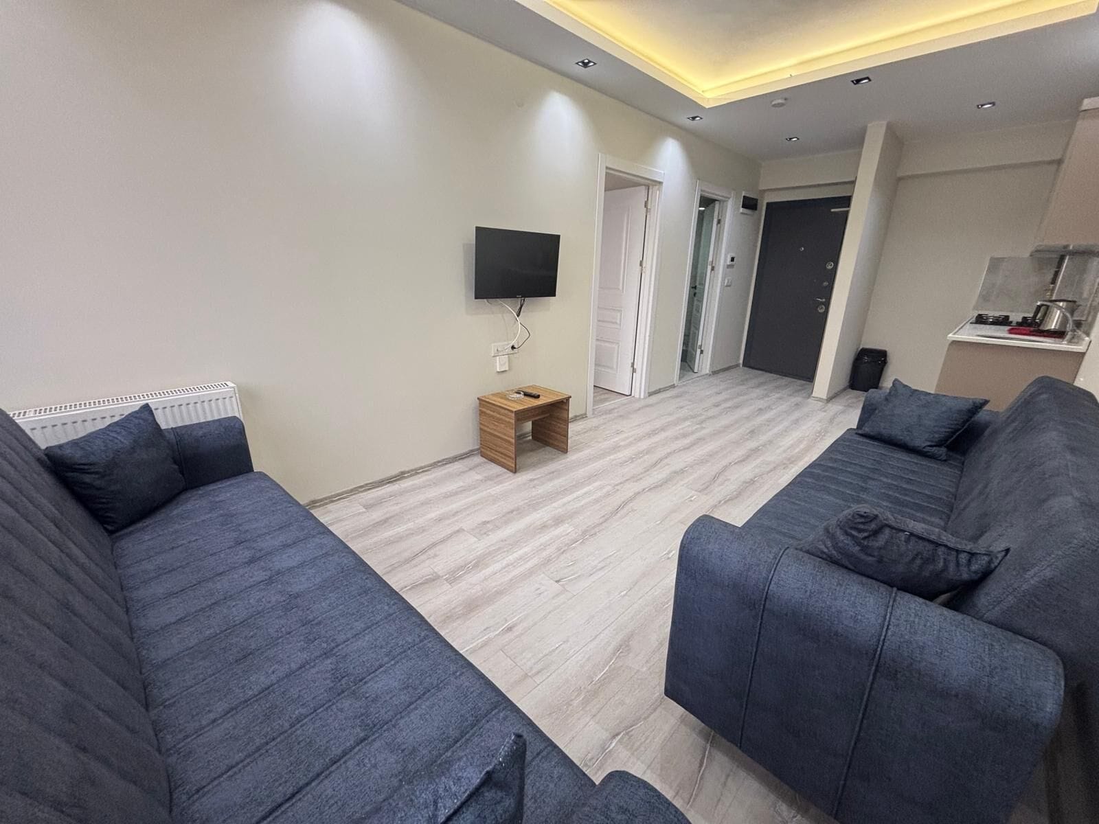 A modern living room with two grey sofas, a wooden coffee table, a flat-screen TV mounted on the wall, and a small kitchen area with a stove and sink.