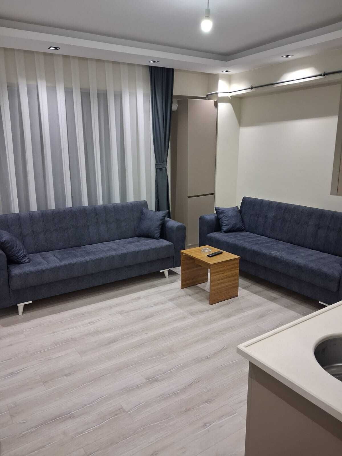 A modern living room with two dark blue sofas, a small wooden coffee table, and a white sink.