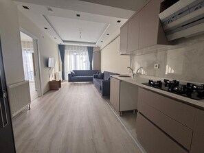 A modern kitchen with a built-in stove, a sink, and a window overlooking a living area with a sofa and curtains. - Bolu Tabaklar Suit (Bolu)