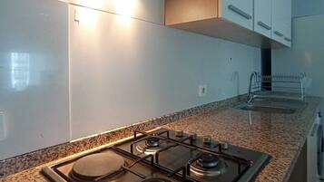 Departamento clásico, balcón, vista al parque | Cocina privada | Refrigerador con congelador, parrilla de estufa y utensilios de cocina