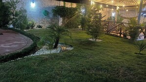 Zona exterior ben il·luminada amb mur de pedra, zona coberta per seure i diverses plantes.
