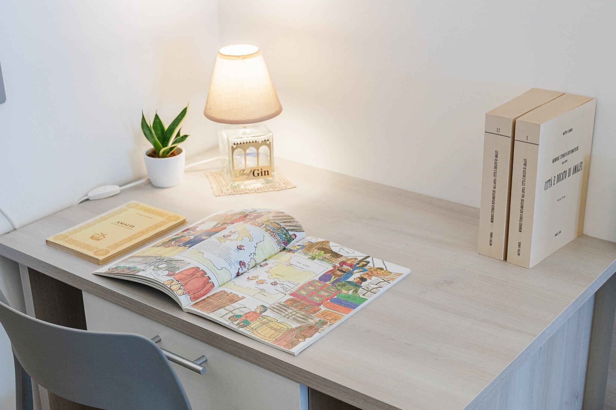 A desk with a lamp, a potted plant, two books, and an open magazine.