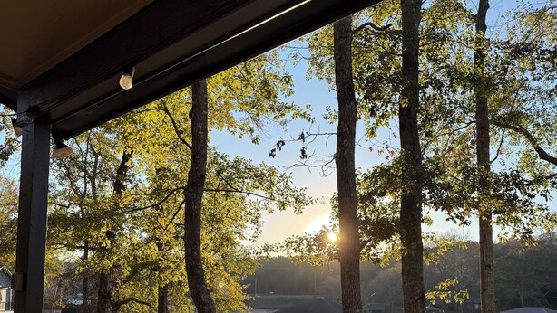A wooden deck with a metal railing overlooking a lake, surrounded by trees and a gazebo. - “Just Lake Home” Wonderful 3bdrm 2bath lake front,boat ramp, dock, pet friendly (Jackson's Gap)