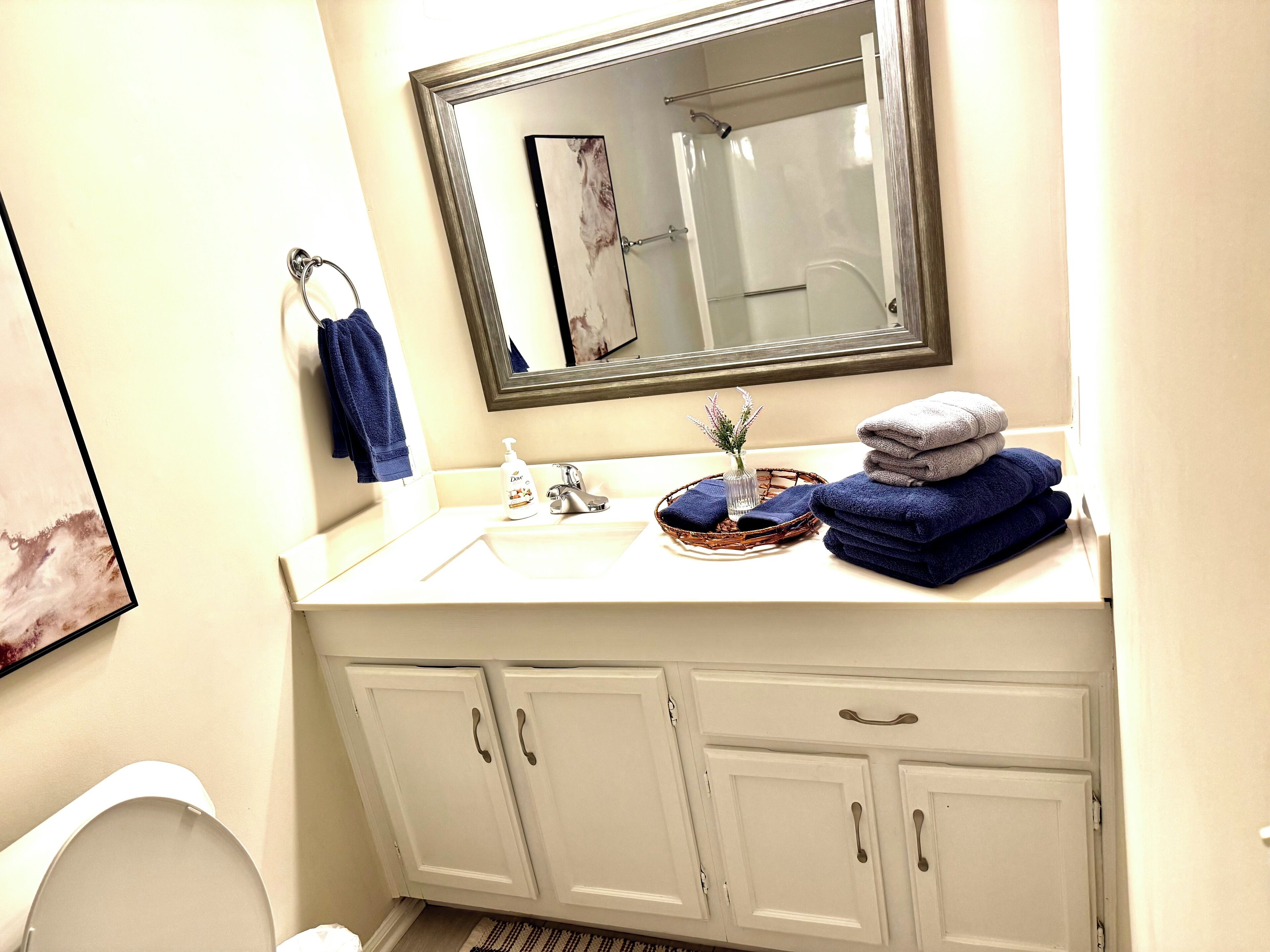 A bathroom with a white sink, a mirror, and a shower. There are towels and a bottle of Dove soap on the sink.