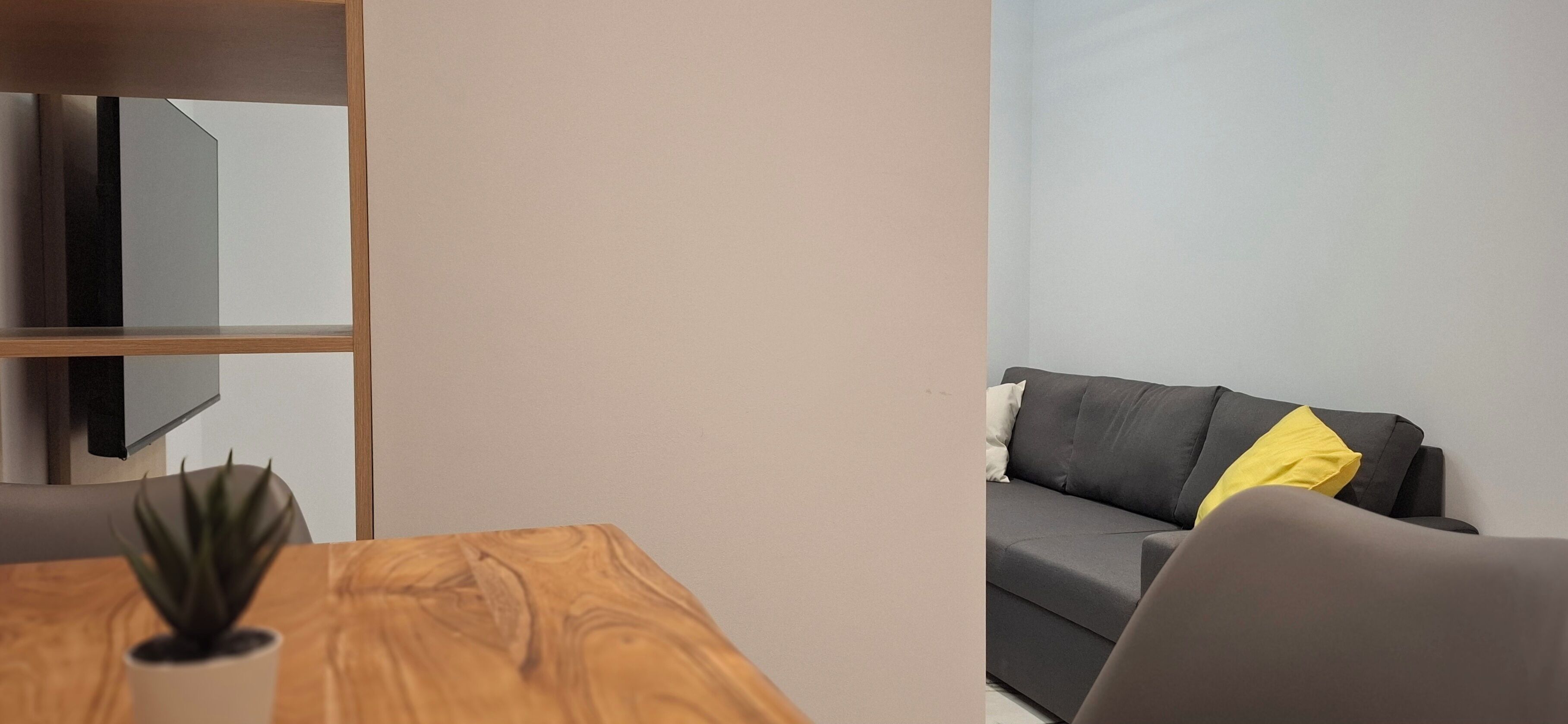 Una habitación con una mesa de madera, una planta en maceta, un sofá gris con un cojín amarillo y una estantería.