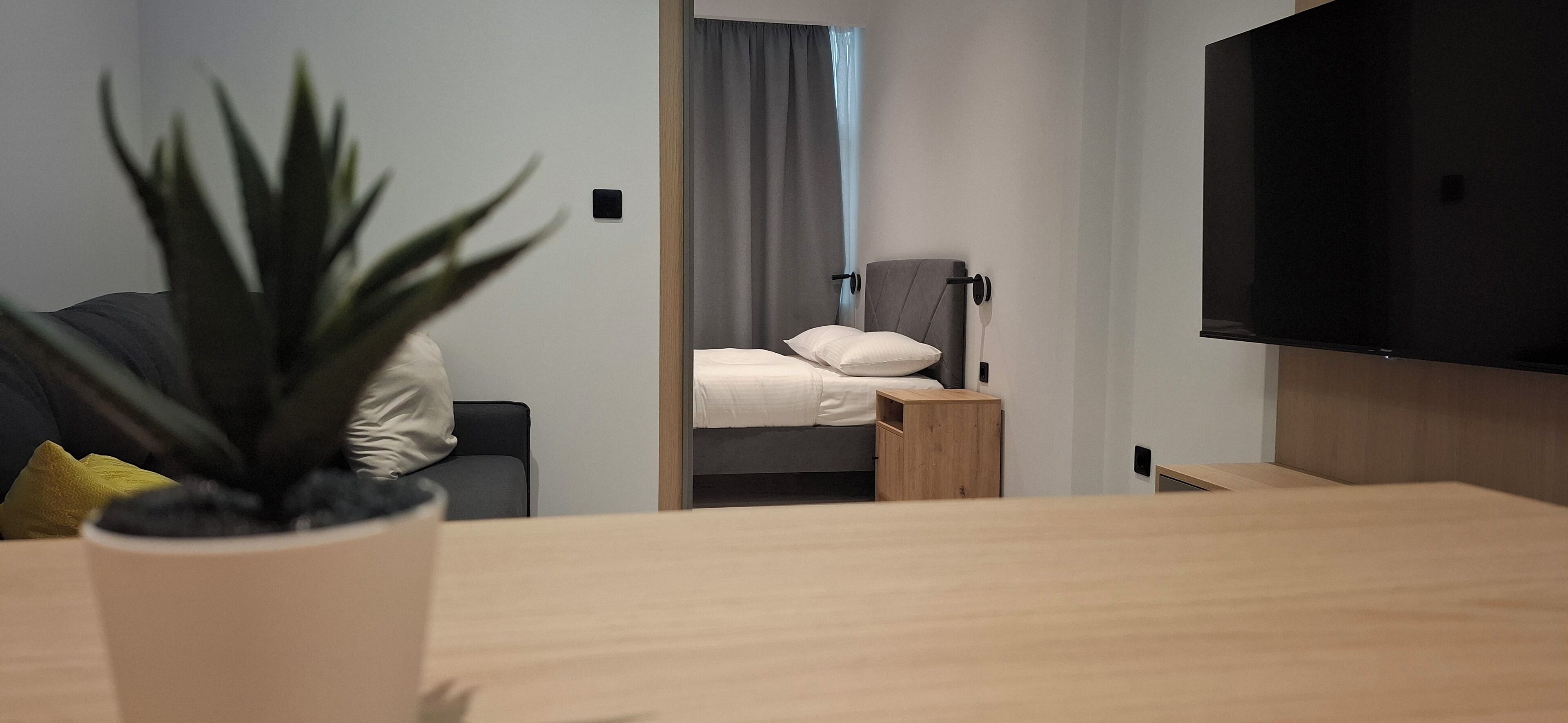 Una habitación de hotel moderna con un escritorio de madera, una planta en maceta, una cama con cabecero gris y un televisor de pantalla plana grande.