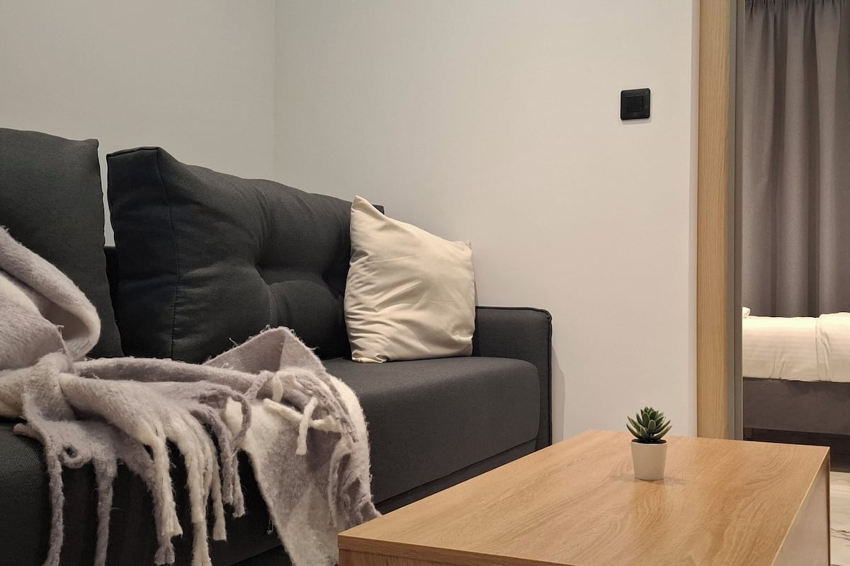 A modern living room with a grey sofa, a wooden coffee table, and a small potted plant.