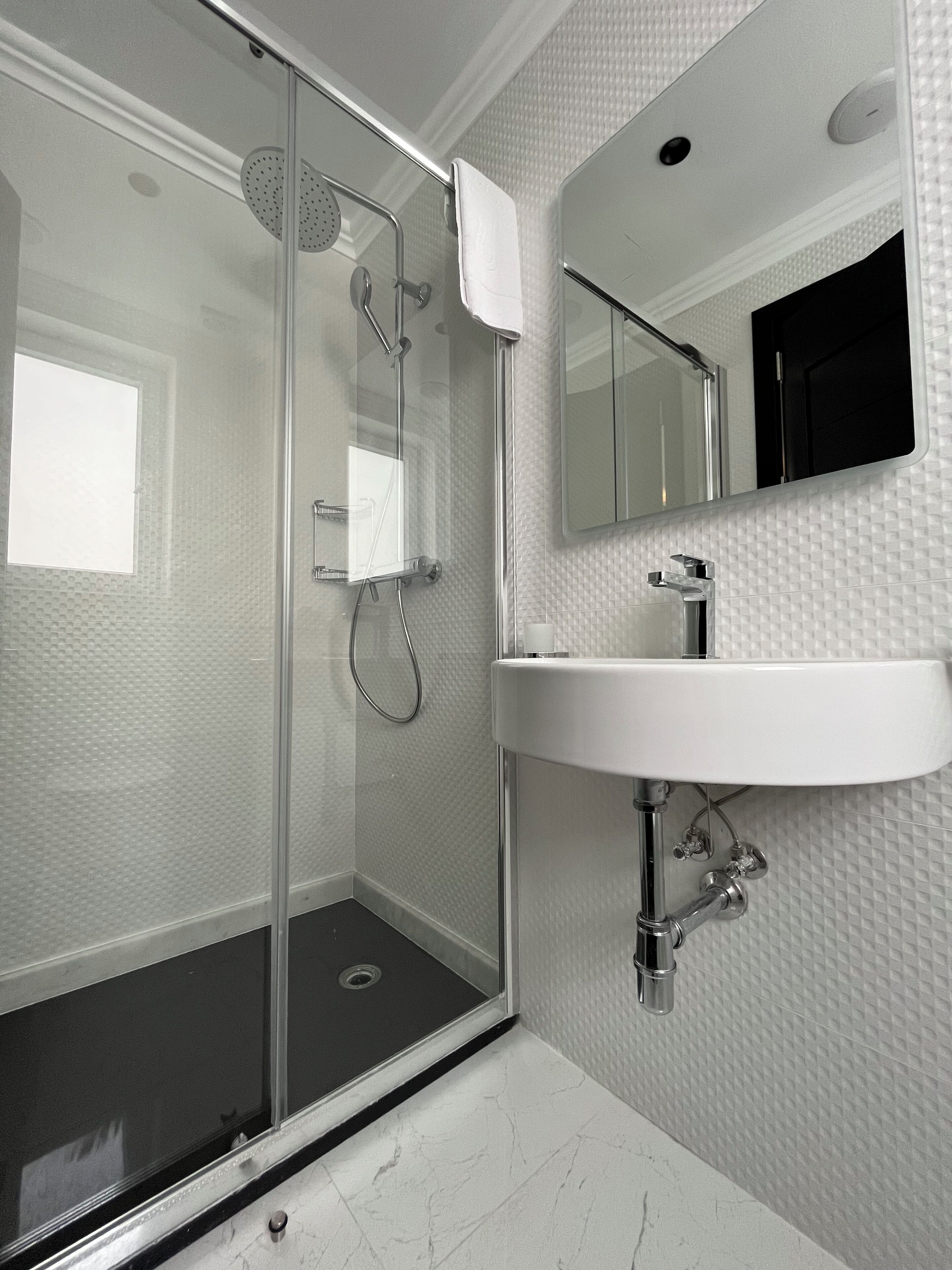 A modern bathroom with a glass-enclosed shower, a white sink, and a mirror above the sink.