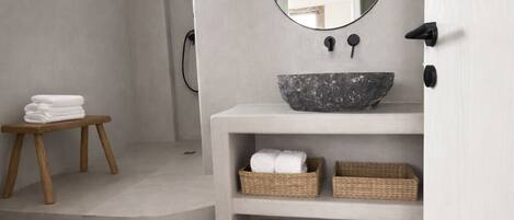 Luxury Apartment, Balcony, Garden View | Bathroom | Shower, slippers, towels, soap