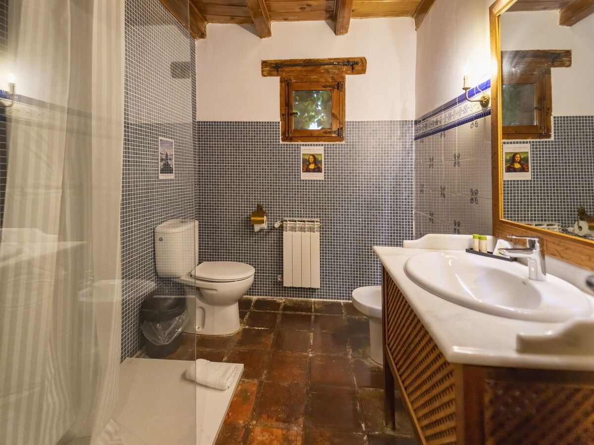 Habitación estándar doble | Baño | Ducha, secador de pelo y papel higiénico