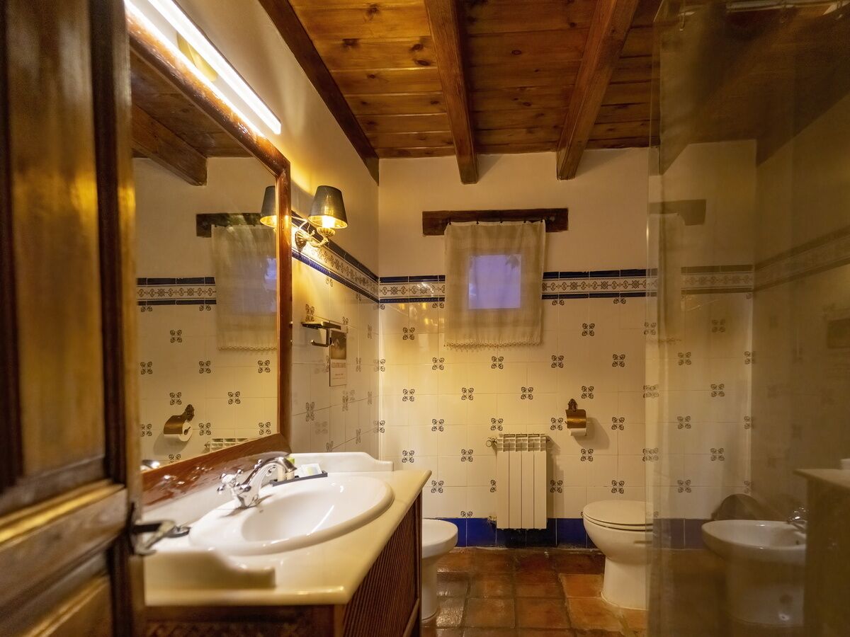 A bathroom with a wooden ceiling, a large mirror, a double sink, and patterned tiles.