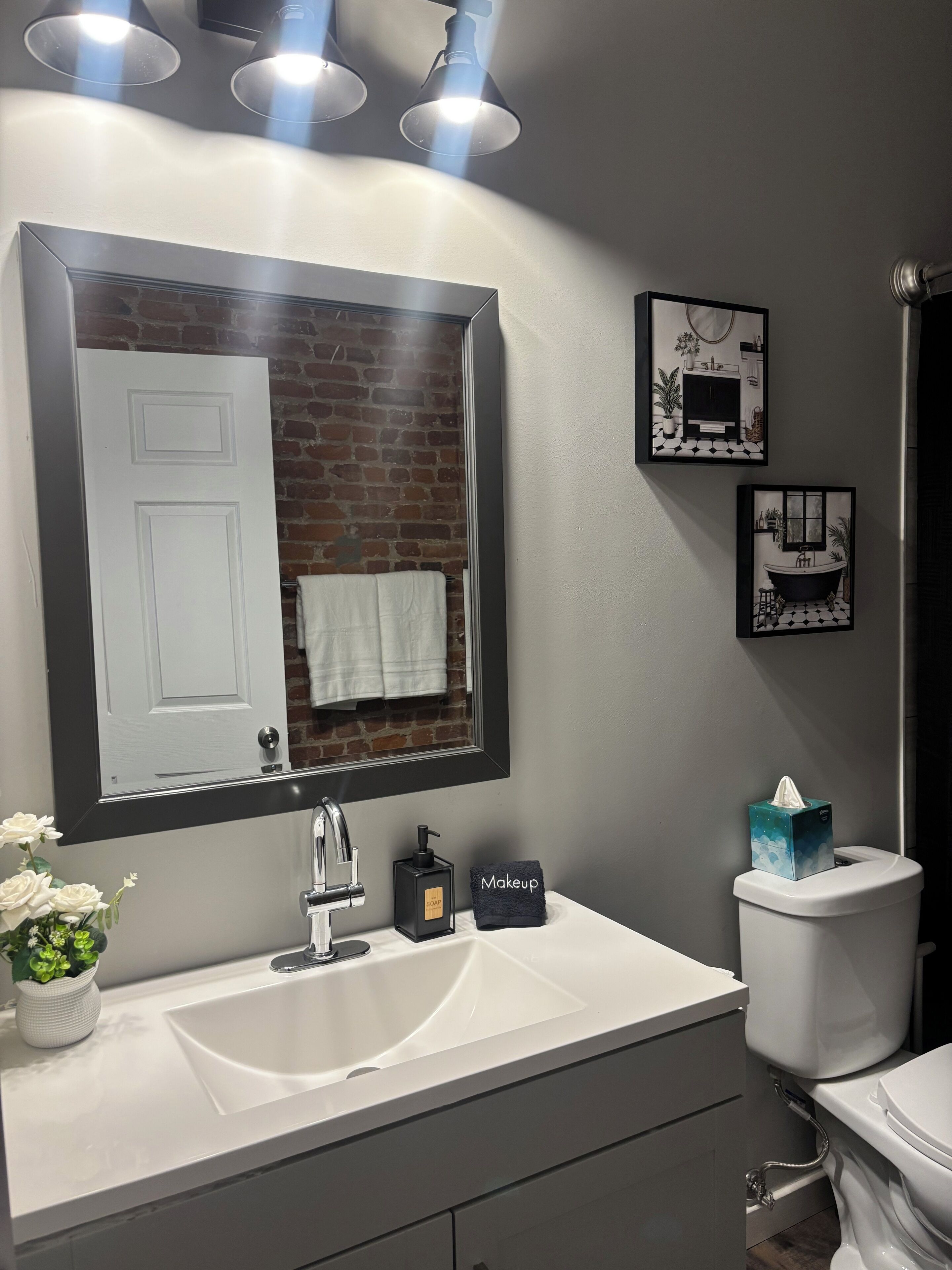 Hair dryer, towels, soap, toilet paper